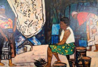 Acryl schilderij, Maya Wildevuur, Vrouwen op de markt, 2001